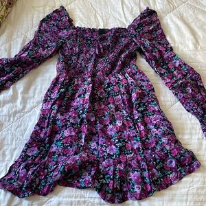 purple floral cap long sleeve dress with single ruffle hem